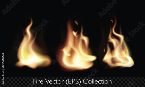Realistic flame, fire set, burning hit effect, isolated vector (EPS), editable illustrations on transparent background