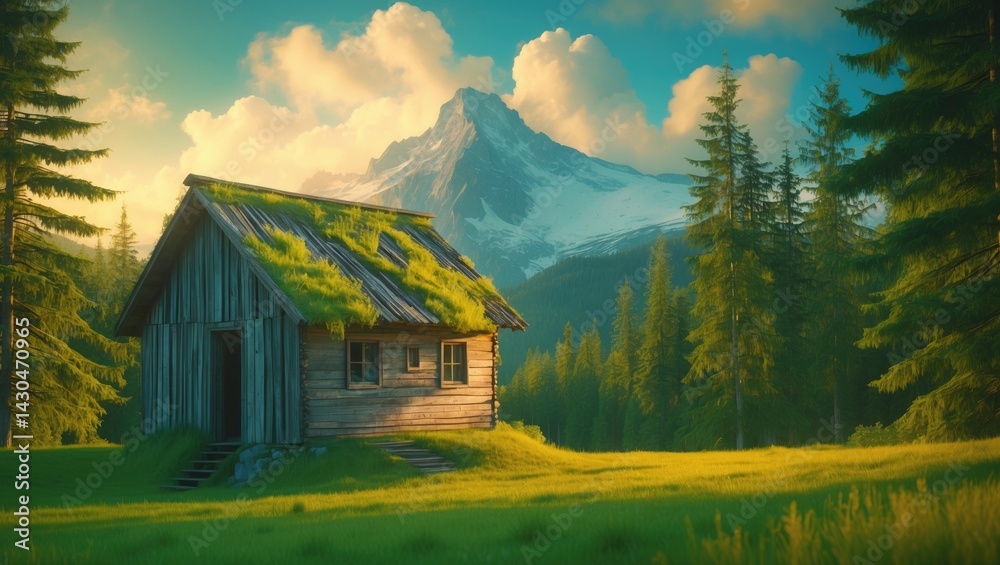 Wooden shed located on a green grassy hill at the edge of the forest, with mountains rising in the background.