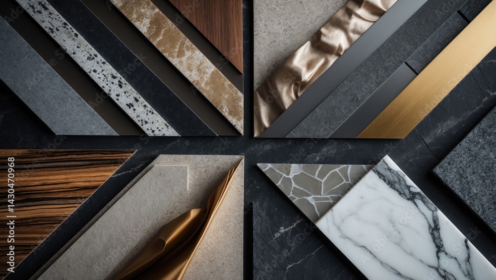 Interior design material collection featuring wooden veneers, artificial stones, marble, velvet drapery, metallic laminates, stone tiles, and stainless steel on black stone concrete backdrop.