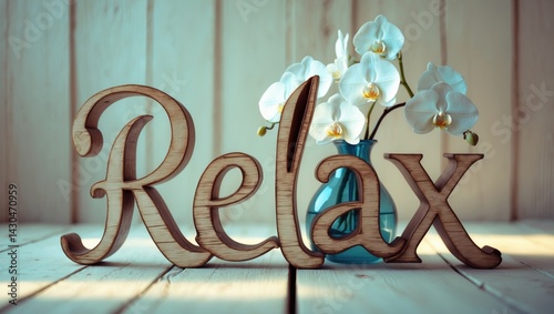 Word RELAX composed of letters adorned with flowers on a wooden surface.