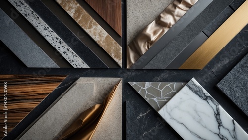 Obraz na płótnie Interior design material collection featuring wooden veneers, artificial stones, marble, velvet drapery, metallic laminates, stone tiles, and stainless steel on black stone concrete backdrop. w salonie