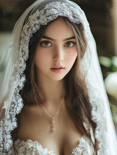 beautiful woman with long hair wearing delicate lace veil and elegant wedding dress, exuding grace and charm in soft, romantic setting