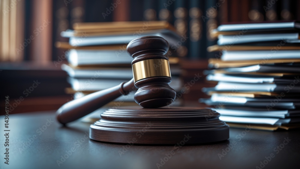 Judicial Wooden Gavel Resting Before Piled Files on Desk Judicial Wooden Gavel Resting Before Piled Files on Desk
