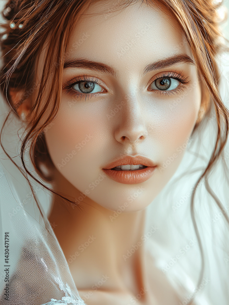 stunning portrait of beautiful woman with long hair, soft features, and captivating eyes, exuding elegance and grace. delicate veil adds romantic touch to her serene expression
