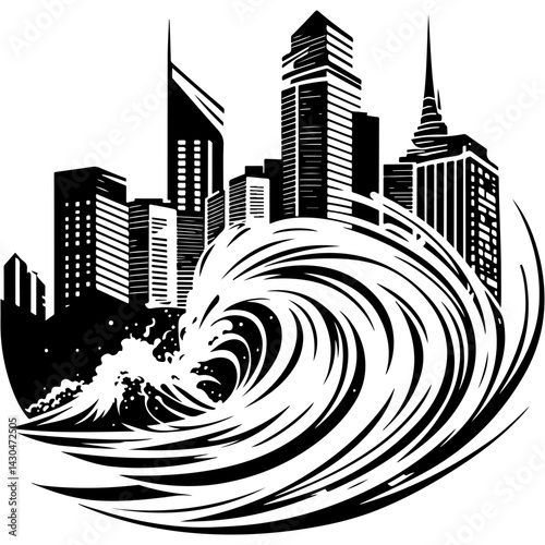 Sketchy engraving emblem of huge wave approaching the coast in monochrome. Engraving minimalistic vector in black ink drawing on transparent background