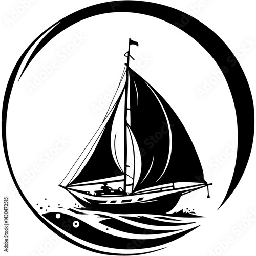 Sketchy engraving emblem of traveler yacht sailing on a stormy ocean in monochrome. Engraving minimalistic vector in black ink drawing on transparent background