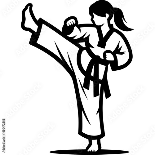 Sport emblem of girl athlete in karate kimono doing upper kick in monochrome. Engraving minimalistic vector in black ink drawing on transparent background