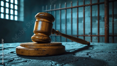 The illustration signifies the prosecution's decision for a life sentence. A wooden gavel impacts a circular block, with a prison cell visible in the background, reflecting concepts of justice,