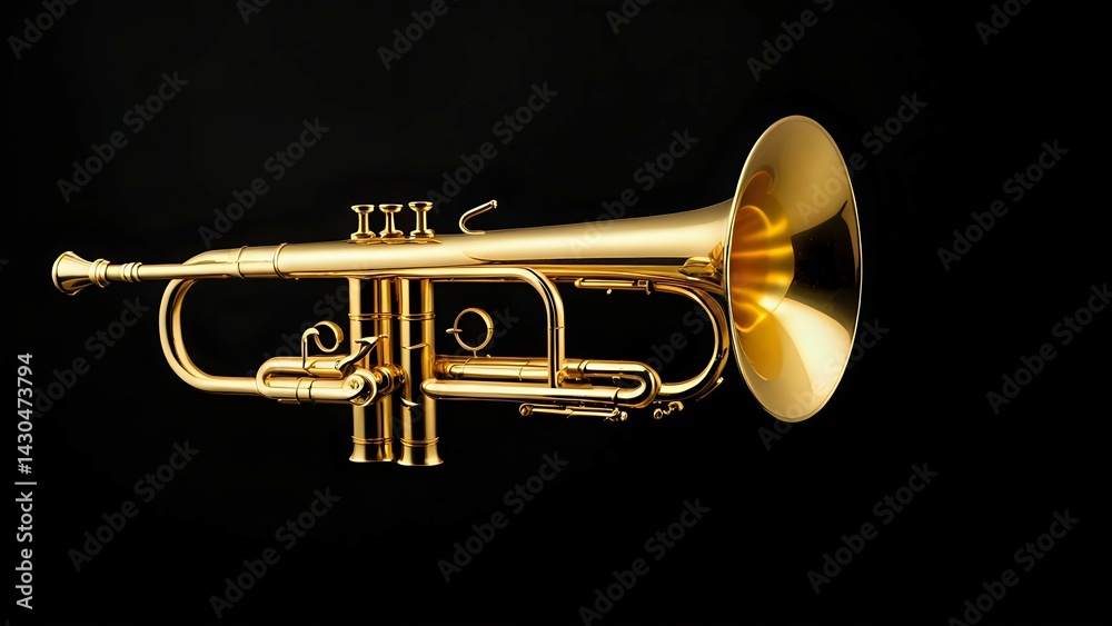 Fototapeta premium Close-up of a golden trumpet with intricate details, showcasing a polished brass instrument. Music concept 