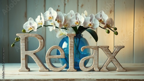 Word RELAX formed by letters with flowers on a wooden surface.