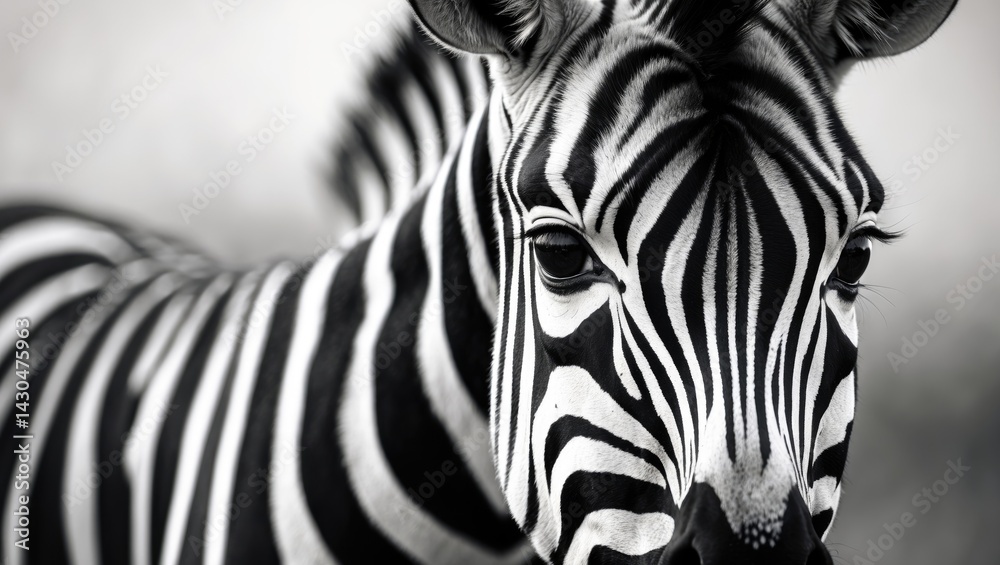Fototapeta premium Black and White Zebra Portrait with Focused Head and Stripes in Soft Focus
