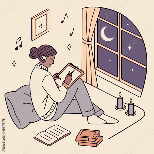 Person winding down at night scene illustration for sleep hygiene blogs, evening routine guides, stress reduction resources and wellbeing applications