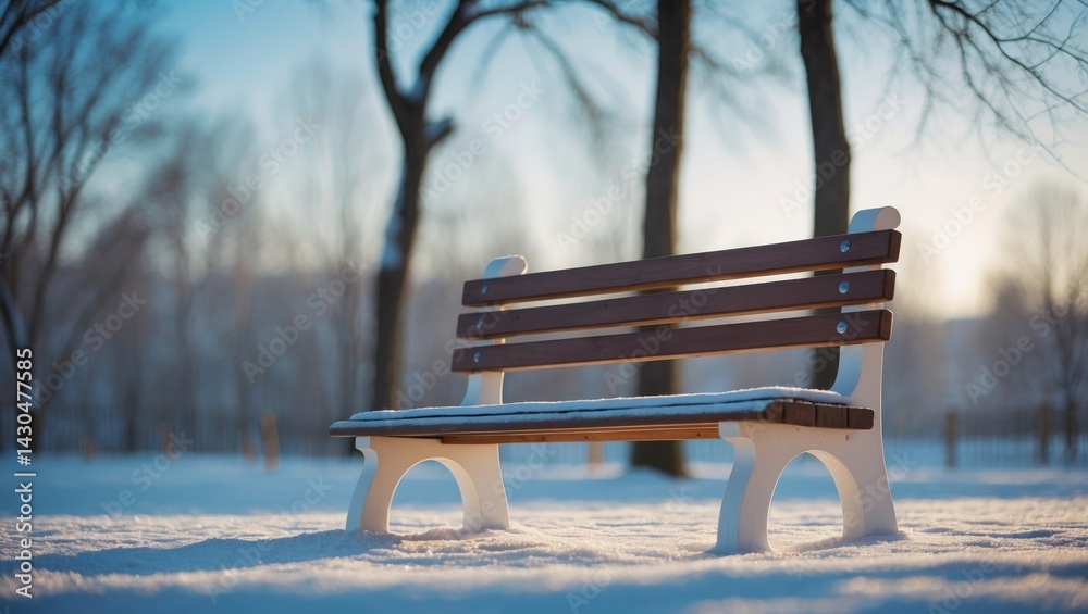 Winter Snow on a Wooden Park Bench with Sunlight and Trees