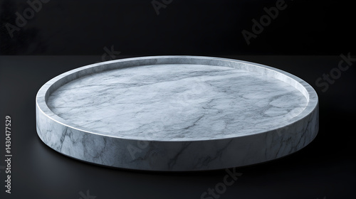 1. empty round marble tray on black background for presentation of various products, stone podium concept