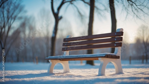 Obraz na płótnie Winter Snow on a Wooden Park Bench with Sunlight and Trees w salonie