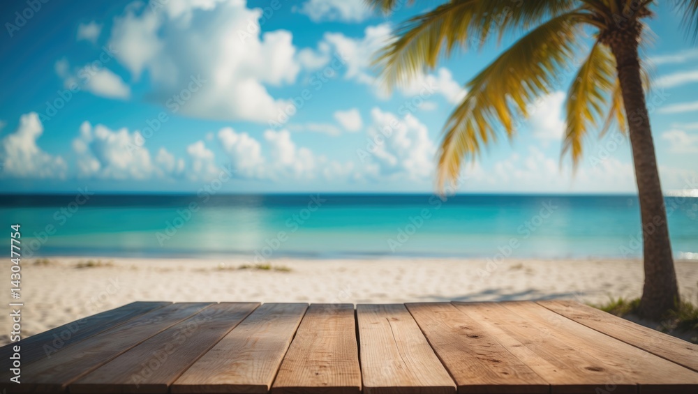 Fototapeta premium Wooden table background providing free space for your product with summer beach and ocean scene