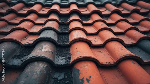 Aged clay tiles used as house roofs with faded red to black coloration and brittle textured surface