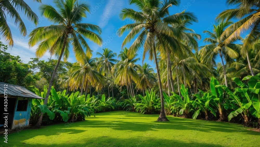 Vibrant coconut plantation with banana plants beneath a bright sky Vibrant coconut plantation with banana plants beneath a bright sky