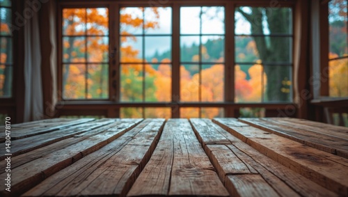 Wooden table surface with window view of forest scenery