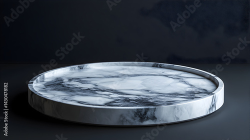 2. empty round marble tray on black background for presentation of various products, stone podium concept