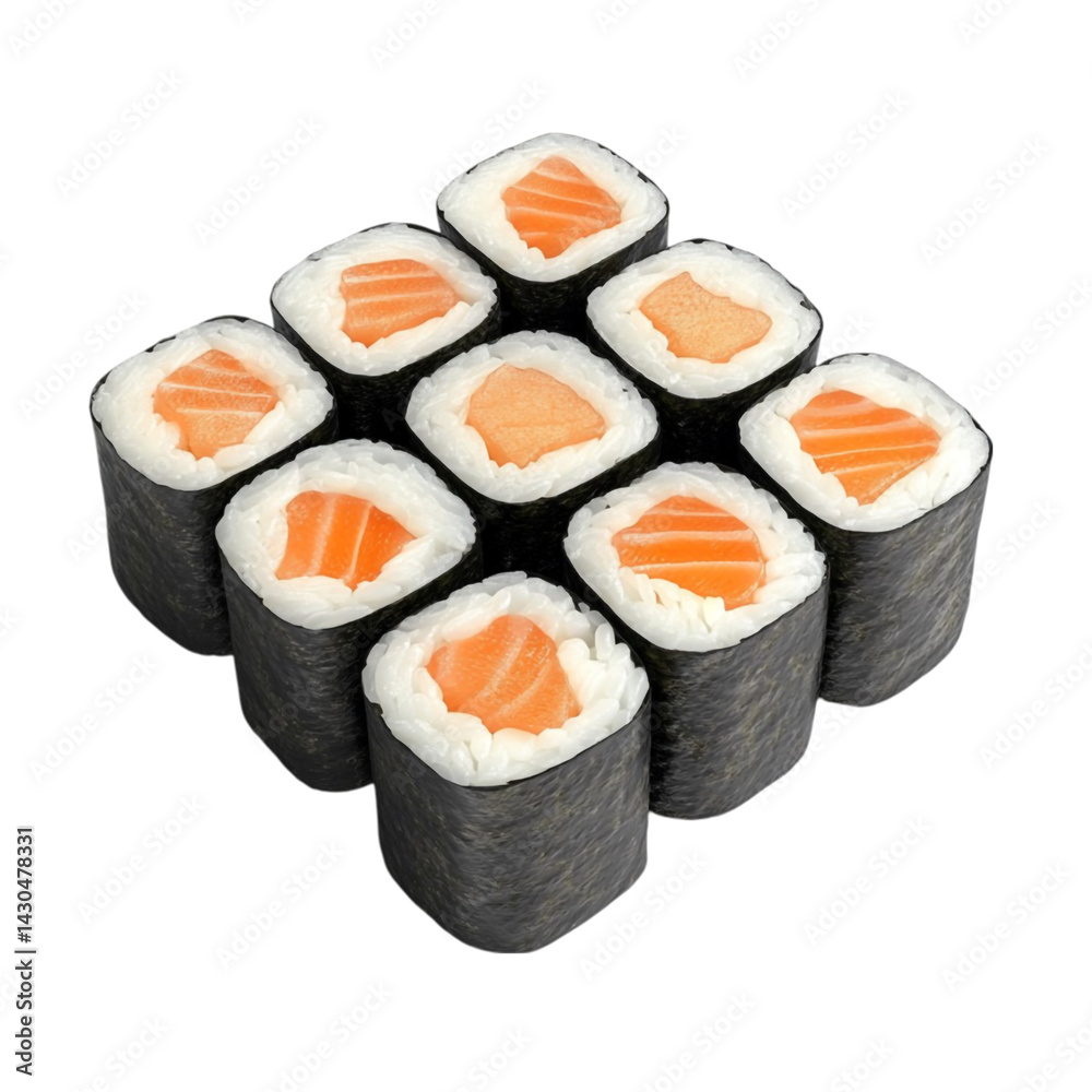 Salmon sushi rolls neatly arranged a delicious Japanese food treat Salmon sushi rolls neatly arranged a delicious Japanese food treat