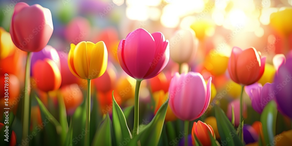 Vibrant Tulip Field Under Bright Sunlight with Colorful Blooms in Springtime Nature Filled with Joy and Beauty for Fresh Beginnings and Renewed Life