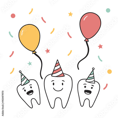 Happy cartoon teeth celebrating with balloons on a festive background  
