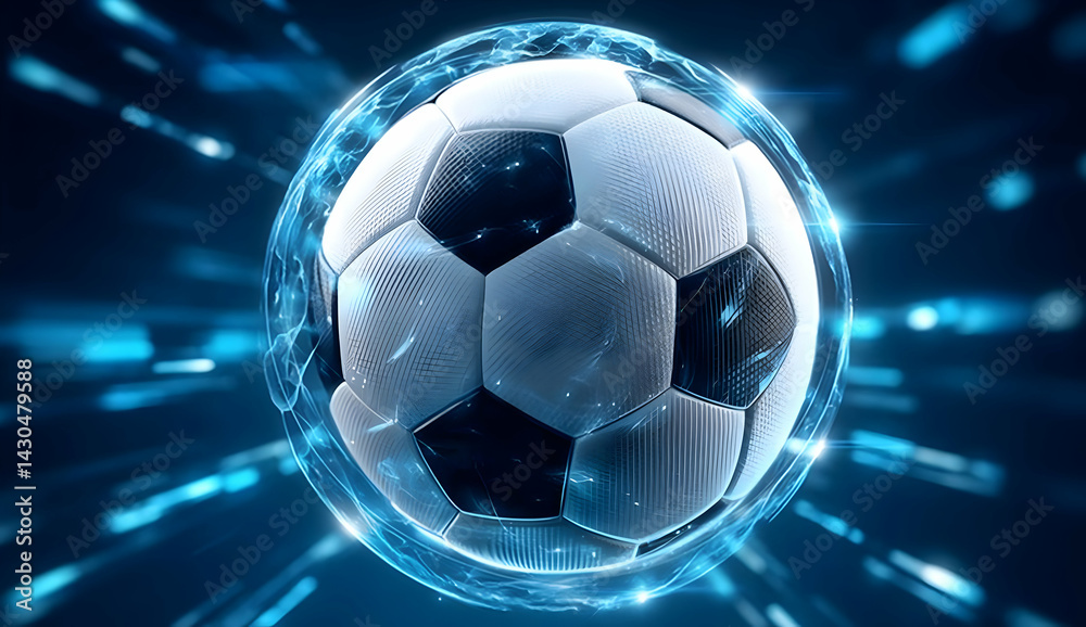 Naklejka premium Dynamic and vibrant image of a soccer ball surrounded by glowing effects, representing the excitement and energy of the game. Perfect for sports enthusiasts.