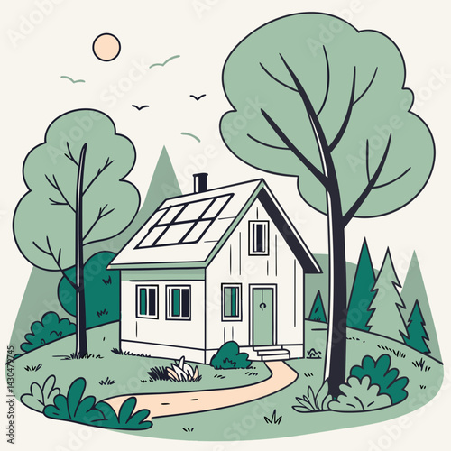 Eco house with solar panels for environmental blogs, green living websites, architectural design content, and sustainability education