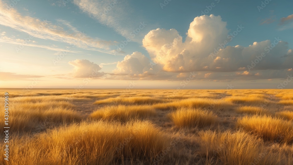 Obraz premium Afternoon sunlight over yellow grassland with blue sky and puffy clouds in Albuquerque's scenic landscape