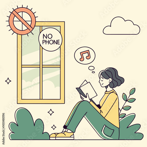 Person unplugging from technology to read a book illustration for digital detox blogs, literacy promotion, mindfulness content, and educational materials
