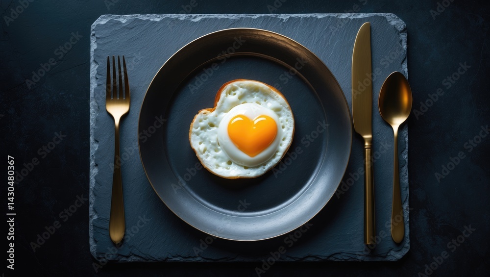 Stylish fried egg featuring a heart-shaped yolk in vintage cookware on dark backdrop Stylish fried egg featuring a heart-shaped yolk in vintage cookware on dark backdrop