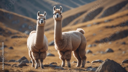 Alpacas on the Inca trail amidst the Andes mountains in natural surroundings