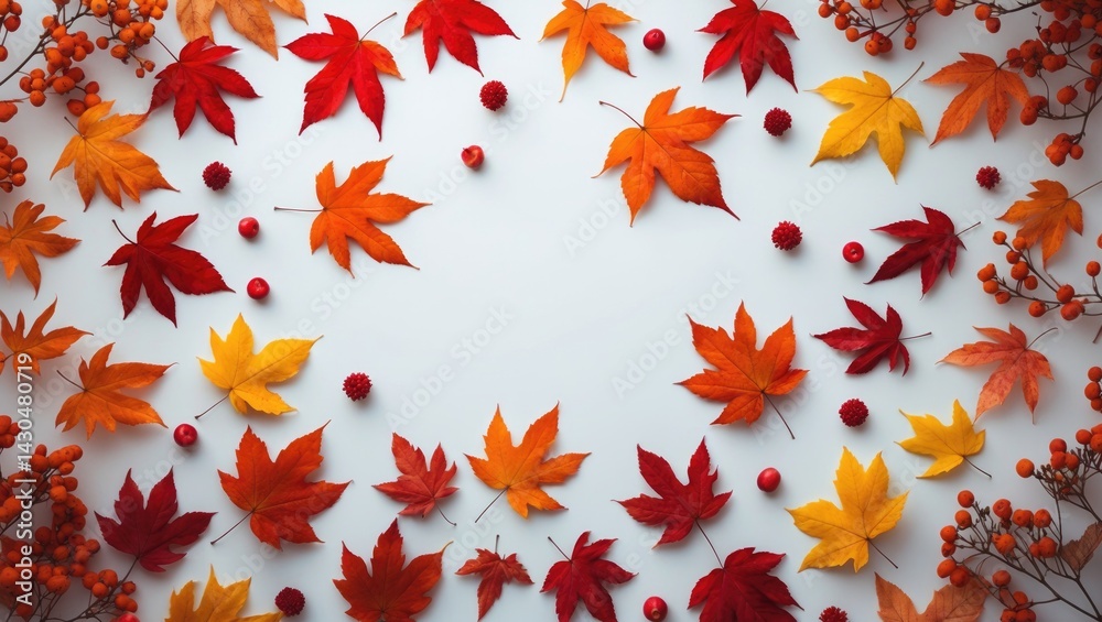Autumn foliage layout on white background with seasonal tone and fallen leaves in top view Autumn foliage layout on white background with seasonal tone and fallen leaves in top view
