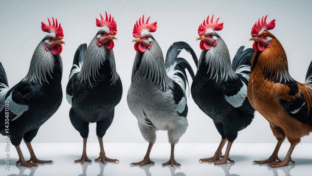 Fototapeta premium Set of miniature bantam fowl, ornamental breed, captured in diverse angles, isolated male chicken on white background