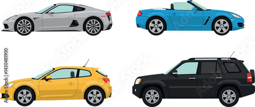 Four Different Colored Cars Side View Vector Illustration Including Convertible and SUV 