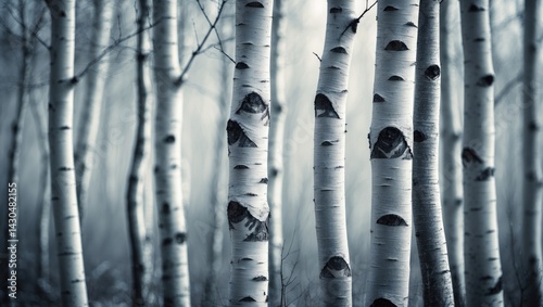 Young birches with birch bark in winter surrounded by additional birches