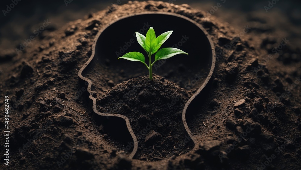 young growth of idea within the outline of a human head in soil concept