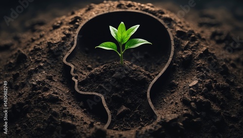Obraz na płótnie young growth of idea within the outline of a human head in soil concept w salonie