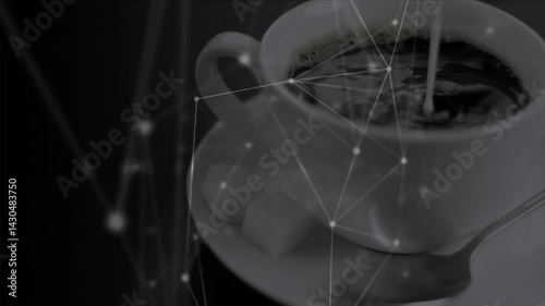 White ceramic coffee cup pouring milk stream over sugar cubes, highlighting digital network overlay