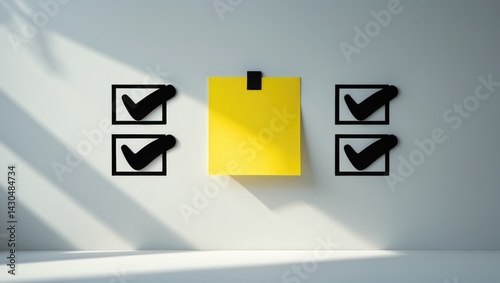 Yellow note with checkboxes and ticks, isolated on a white background