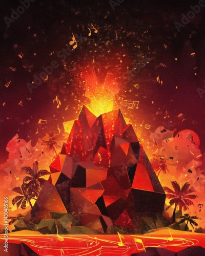 Geometric illustration of erupting volcano with musical notes, creative energy concept. Perfect for music events, art posters, and vibrant designs.