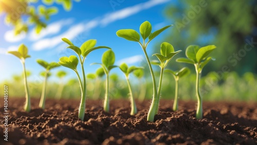 Morning young tomato plants sprouting in the soil.