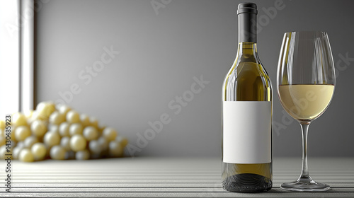 bottle of white wine stands next to glass filled with same beverage, set against minimalist background. scene evokes sense of elegance and relaxation, perfect for wine enthusiasts