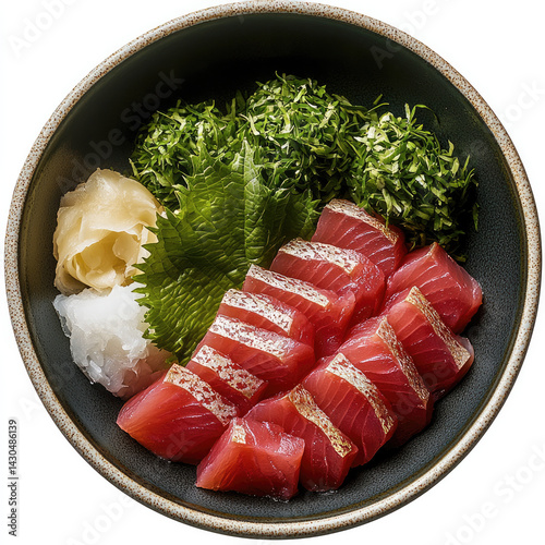 Fresh tuna sashimi served in bowl with garnishes of wasabi, ginger, and shiso leaves, creating vibrant and appetizing presentation