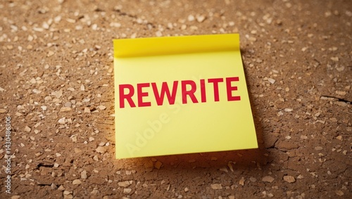 Yellow note paper displaying a word on a cork board backdrop with copy space. photo