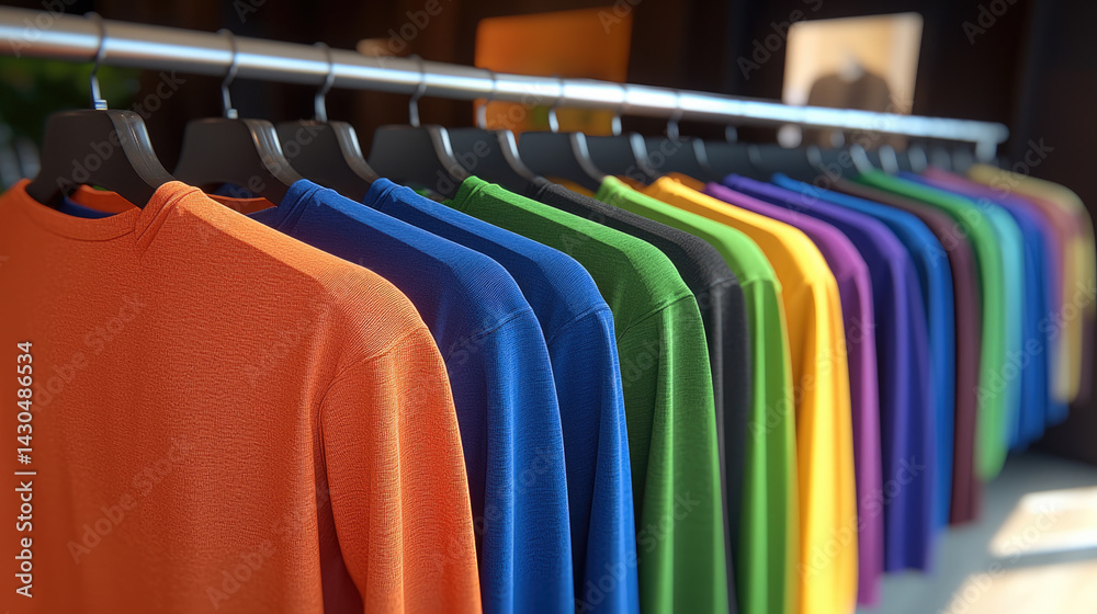Close up of row of colorful t shirts hanging on rack, showcasing vibrant hues like orange, blue, green, and purple. display creates cheerful and inviting atmosphere