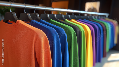 Obraz na płótnie Close up of row of colorful t shirts hanging on rack, showcasing vibrant hues like orange, blue, green, and purple. display creates cheerful and inviting atmosphere w salonie