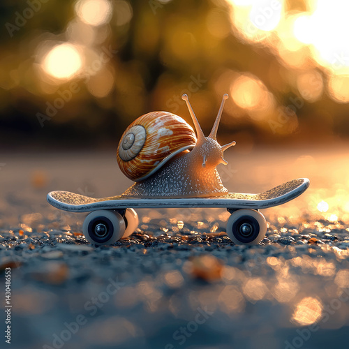 snail riding on skateboard creates whimsical and playful scene, showcasing unique combination of nature and urban life. warm, golden light adds magical touch to this charming moment