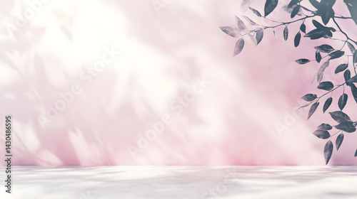 4. Minimalistic light pink background with blurred foliage shadow on a light wall. Beautiful background for presentation with with marble floor